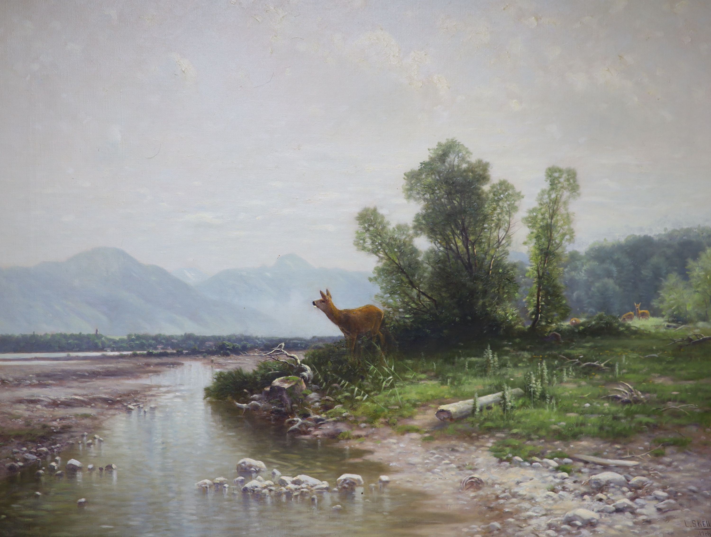 Ludwig Skell (1842-1905), oil on canvas, deer in a landscape, signed, label verso, 54 x 68cm.